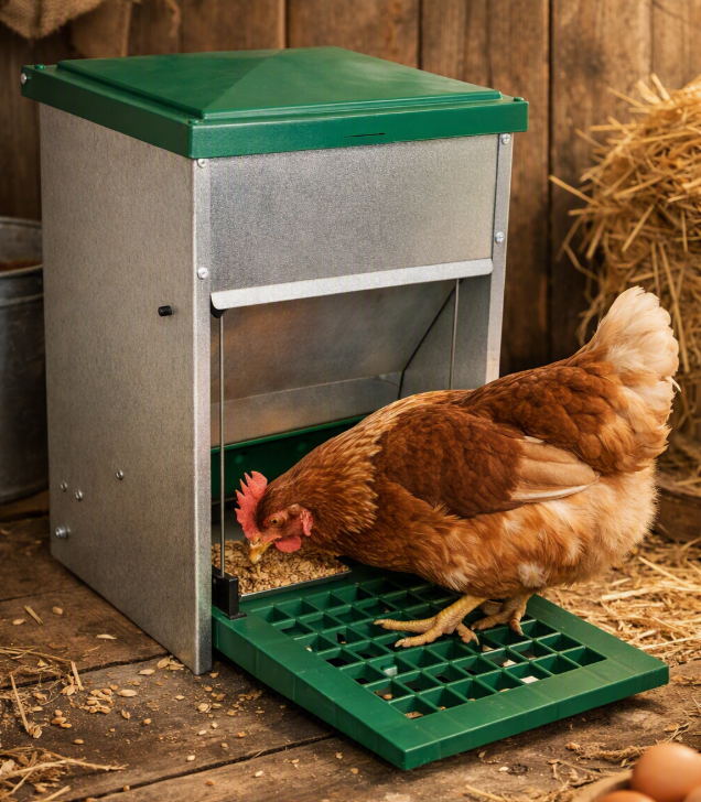 Huhn frisst aus einem geschützten Futterautomaten