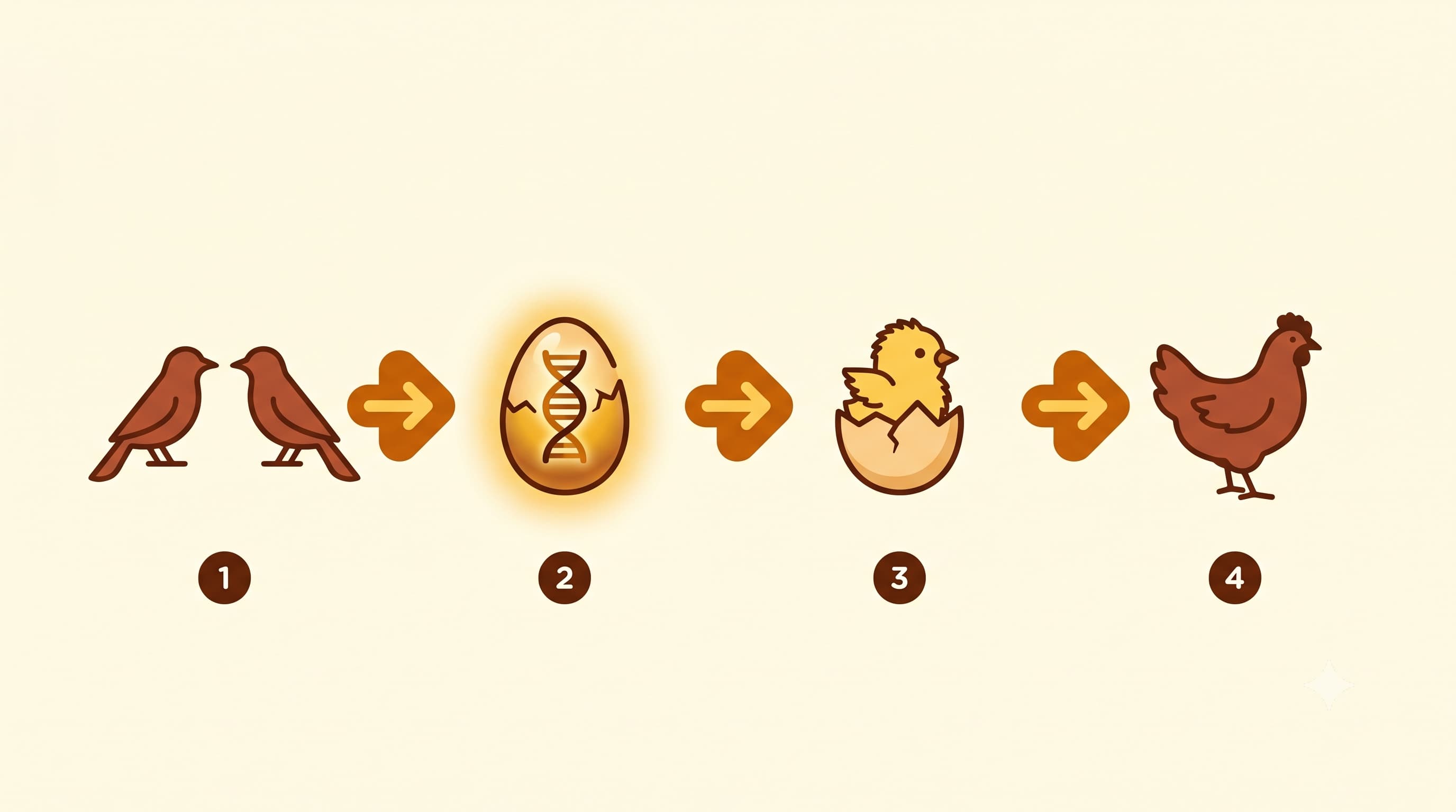 Evolution: Zwei Dschungelhühner → DNA-Mutation im Ei → Küken → erstes Huhn