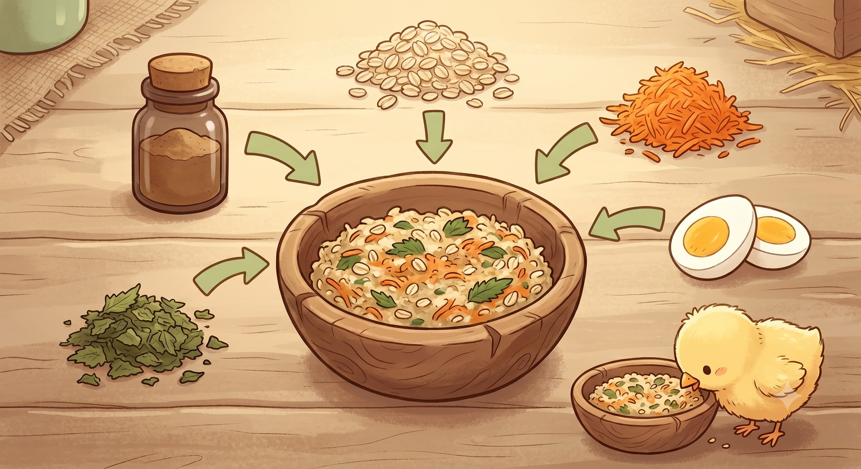 DIY Kükenstarter selbst machen: Haferflocken, geriebene Karotten, hartgekochtes Ei, Brennessel, Bierhefe – alle Zutaten in einer Schüssel mischen