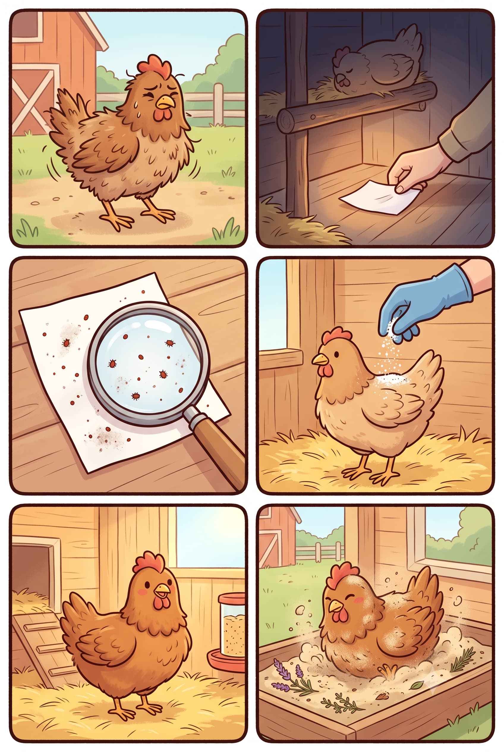 Rote Vogelmilbe bekämpfen: kratzendes Huhn erkennen – Papier unter Sitzstange – Milben unter Lupe – Pulver auftragen – Stall reinigen – Sandbad zur Vorbeugung