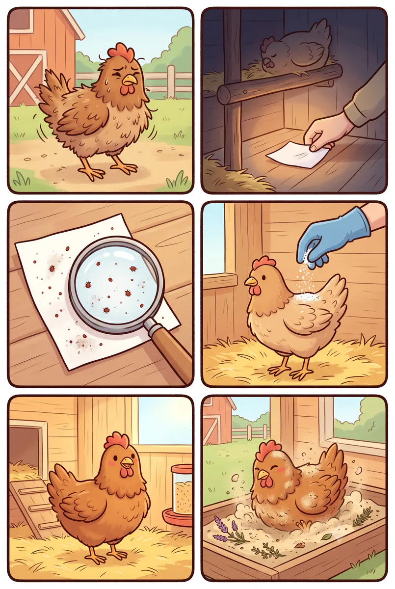 Rote Vogelmilbe bekämpfen: kratzendes Huhn erkennen – Papier unter Sitzstange – Milben unter Lupe – Pulver auftragen – Stall reinigen – Sandbad zur Vorbeugung