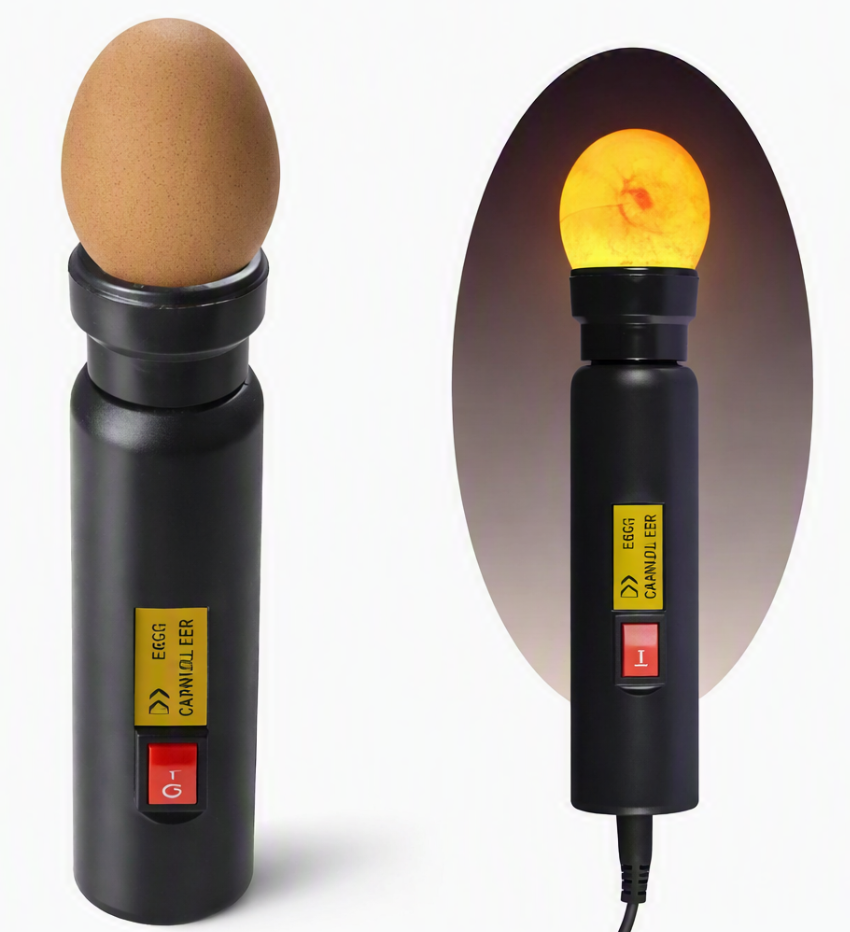 Schierlampe mit aufgelegtem und durchleuchtetem Hühnerei